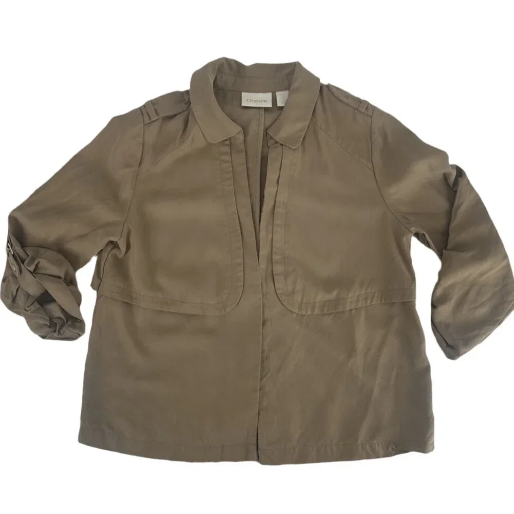 Chico’s Taupe Lyocell Utility Jacket Roll Tab Sleeves Small - Picture 4 of 7